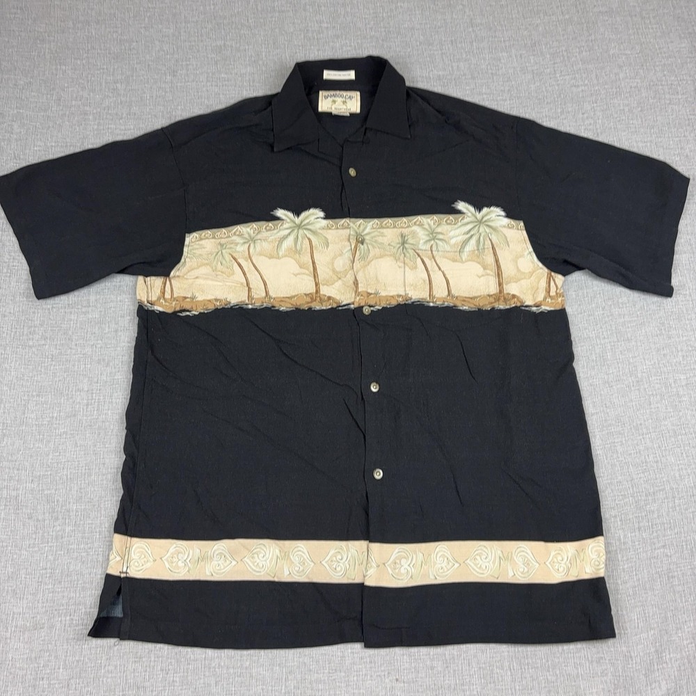 Bamboo Cay Shirt Mens Large Black Palm Tree Resort Short Sleeve Button Up